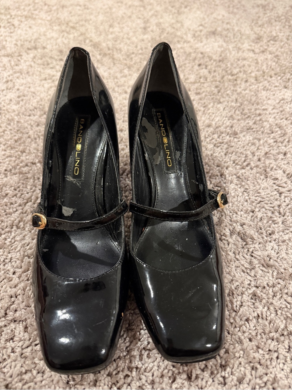 Bandolino Black Patent Mary Jane Heels with Gold Buckle
